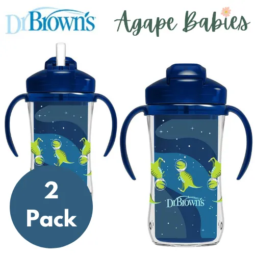 [ 2 Pack ] Dr Brown's 10oz/300Ml Insulated Straw Cup, 12M  (Blue Deco)