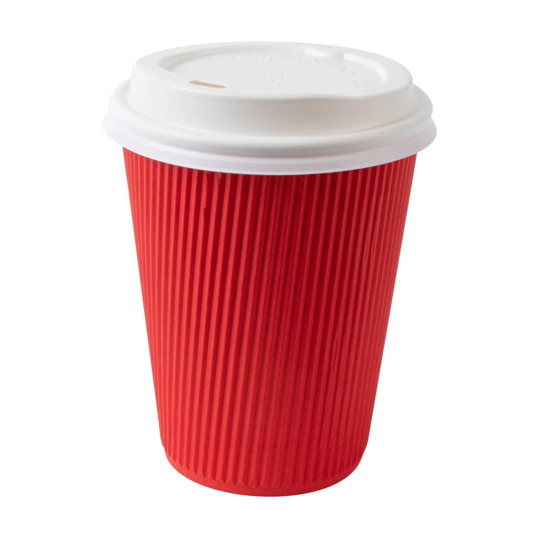 12 oz Red Paper Ripple Wall Coffee Cup - with White Lid - 3 1/2" x 3 1/2" x 5" - 200 count box