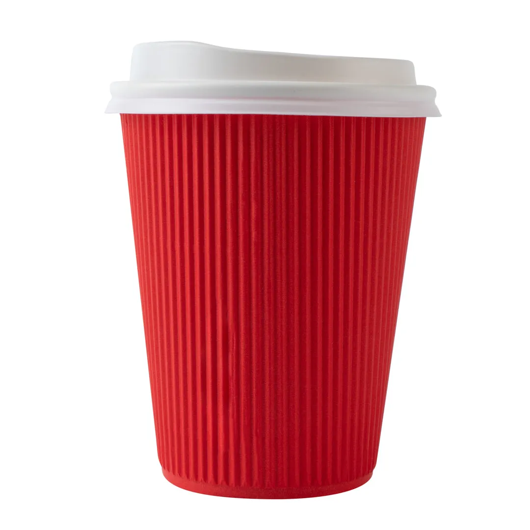 12 oz Red Paper Ripple Wall Coffee Cup - with White Lid - 3 1/2" x 3 1/2" x 5" - 200 count box