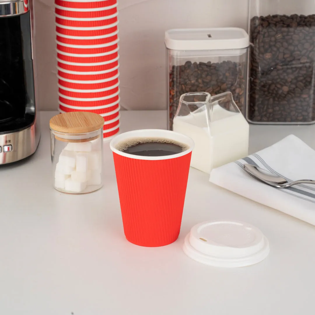 12 oz Red Paper Ripple Wall Coffee Cup - with White Lid - 3 1/2" x 3 1/2" x 5" - 200 count box