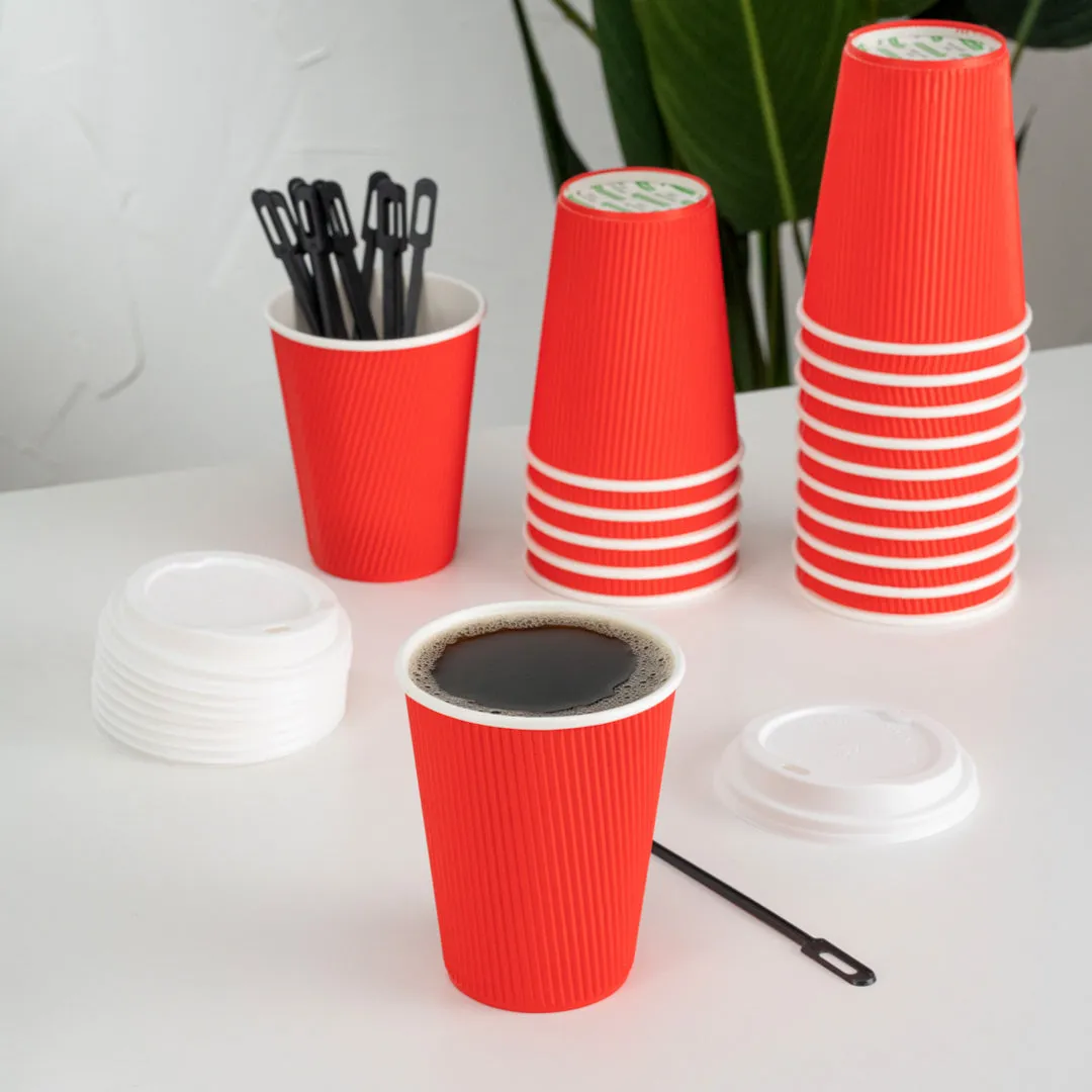 12 oz Red Paper Ripple Wall Coffee Cup - with White Lid - 3 1/2" x 3 1/2" x 5" - 200 count box