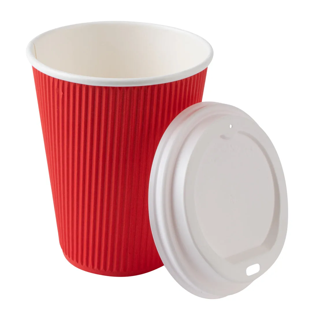 12 oz Red Paper Ripple Wall Coffee Cup - with White Lid - 3 1/2" x 3 1/2" x 5" - 200 count box