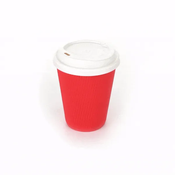 12 oz Red Paper Ripple Wall Coffee Cup - with White Lid - 3 1/2" x 3 1/2" x 5" - 200 count box