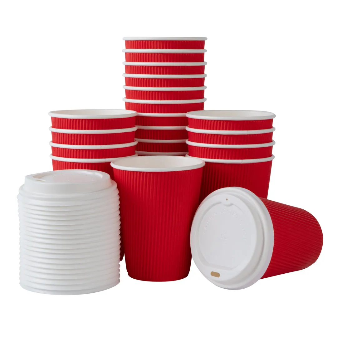 12 oz Red Paper Ripple Wall Coffee Cup - with White Lid - 3 1/2" x 3 1/2" x 5" - 200 count box