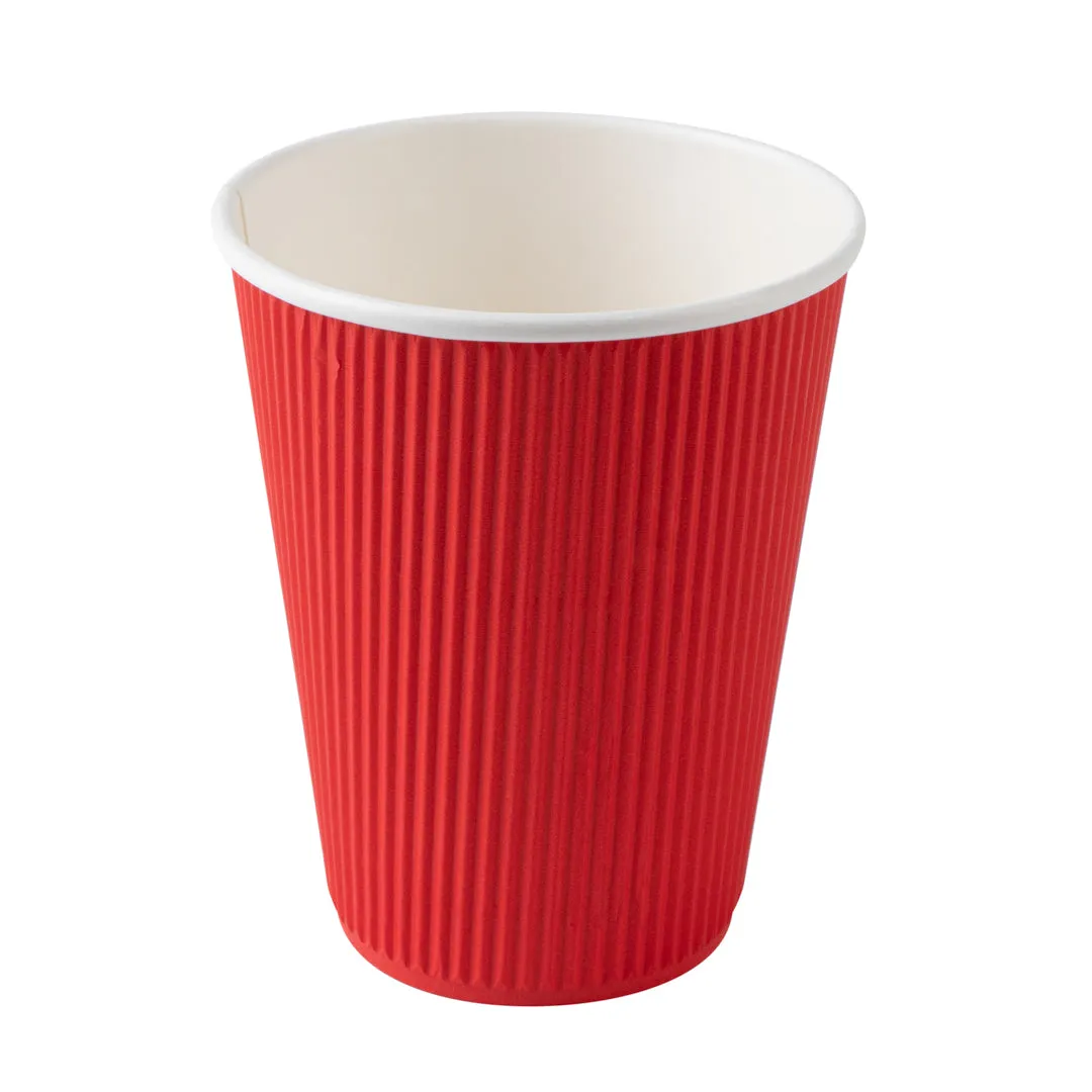 12 oz Red Paper Ripple Wall Coffee Cup - with White Lid - 3 1/2" x 3 1/2" x 5" - 200 count box