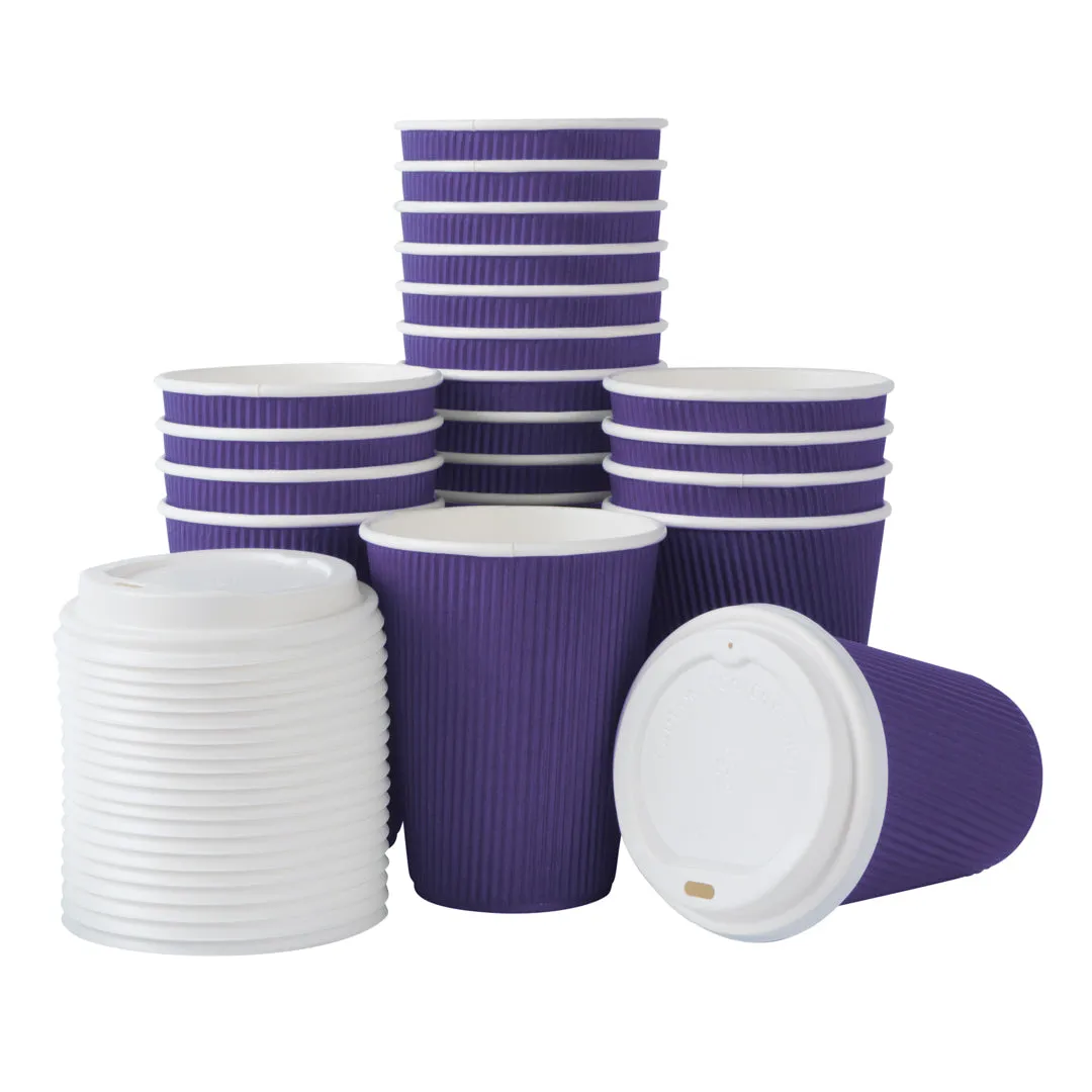 12 oz Royal Purple Paper Ripple Wall Coffee Cup - with White Lid - 3 1/2" x 3 1/2" x 5" - 20 count box