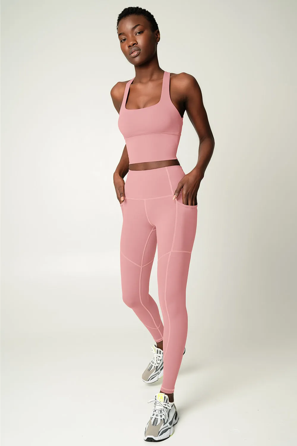 4 for $54 - Dusty Pink Cassi Three Pockets Workout Leggings Yoga Pants - Women