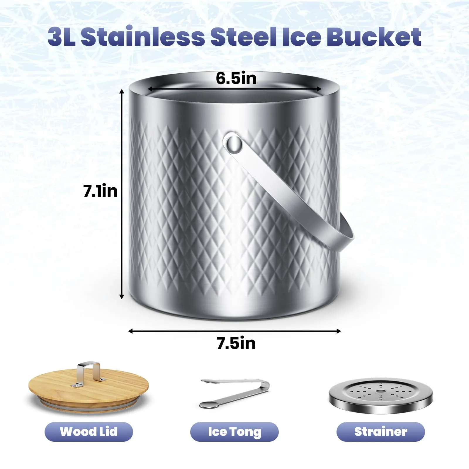 Bellaforte Double Walled Ice Bucket with Lid & Tongs 3L Silver