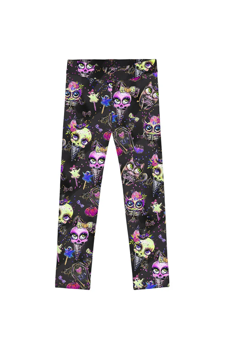 beWITCHing Lucy Black Goth Skull Print Alt Halloween Leggings - Girls