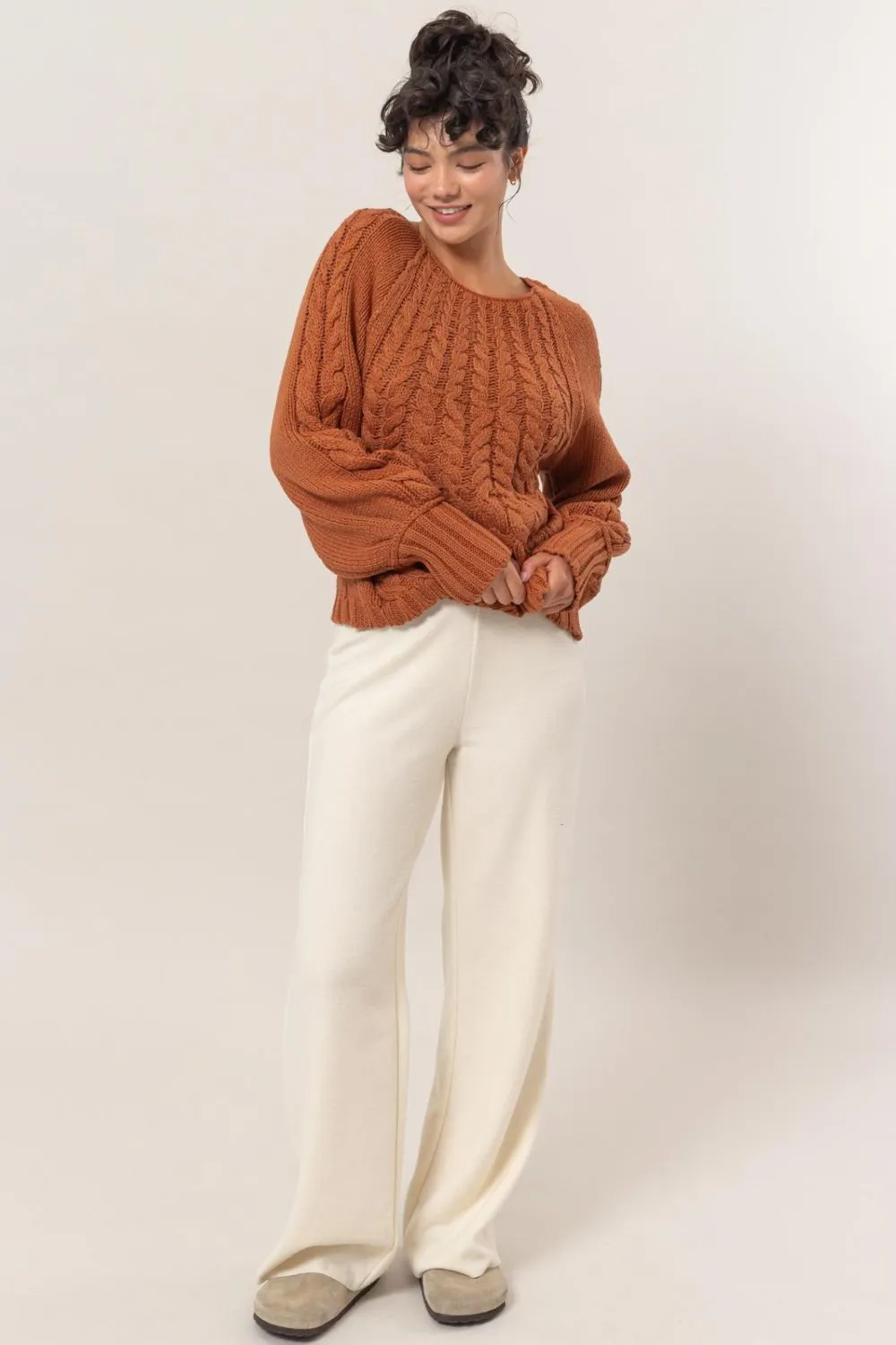 Cable-Knit Round Neck Raglan Sleeve Sweater