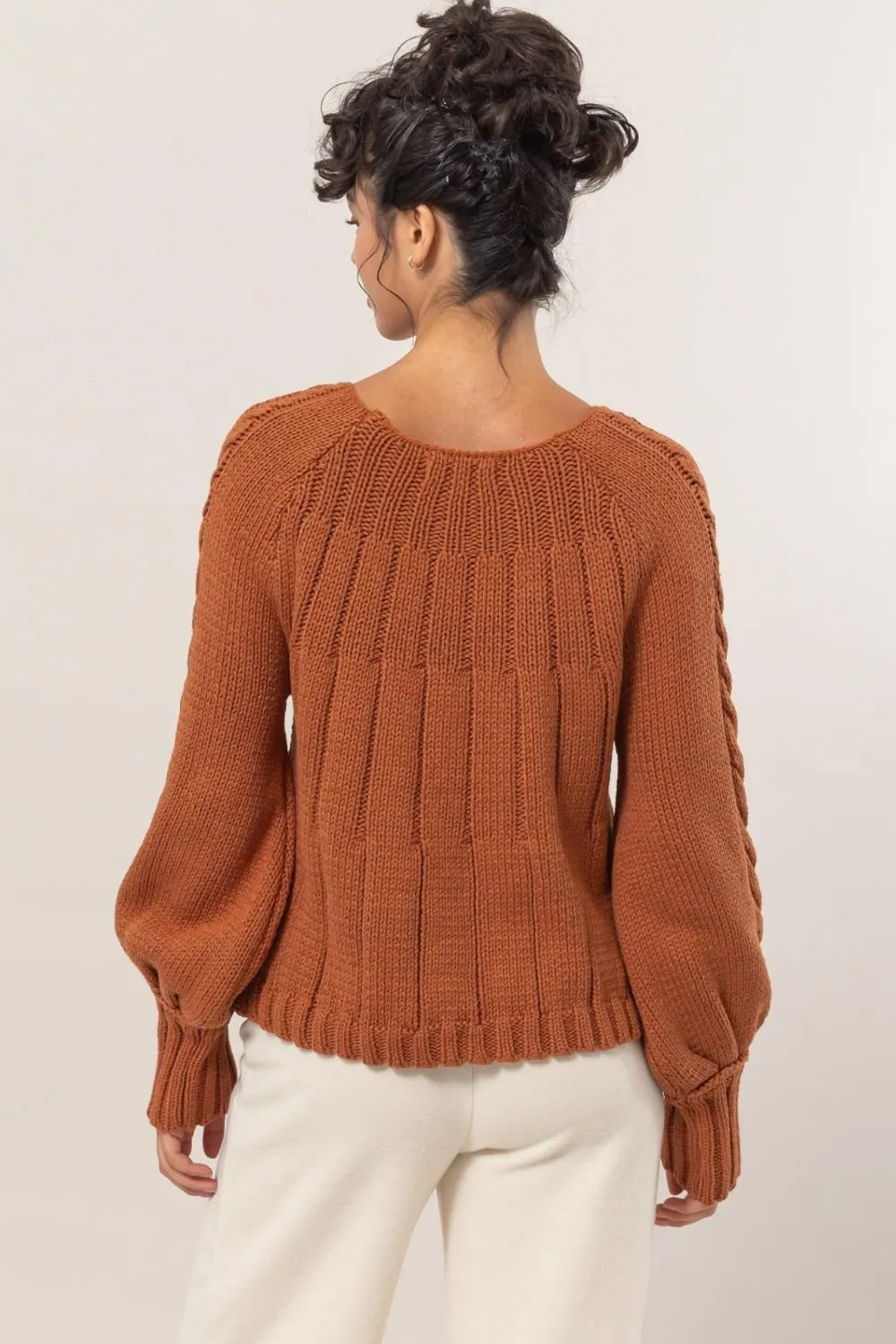 Cable-Knit Round Neck Raglan Sleeve Sweater