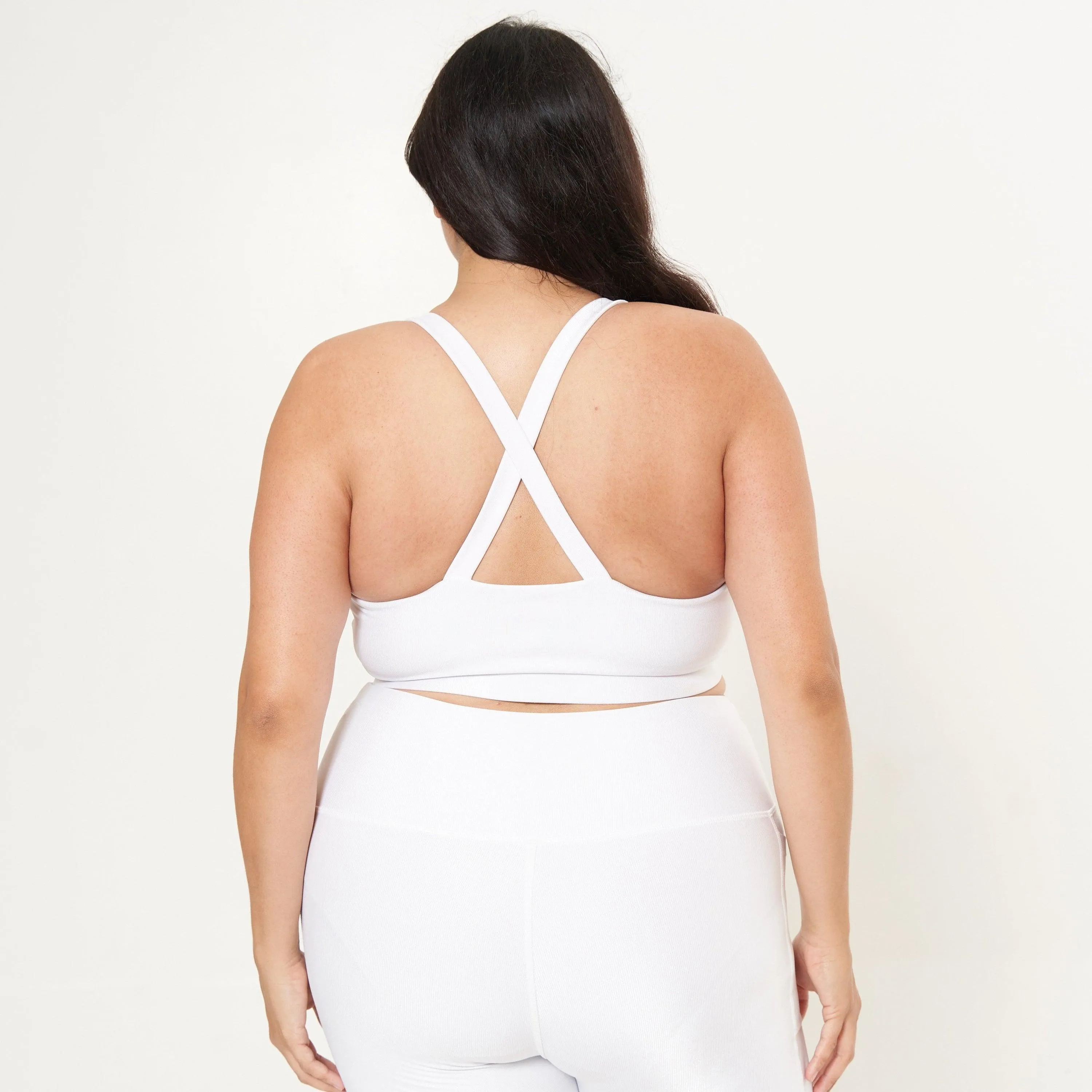 Cross Back Performance Bra Top- White Rib Pattern