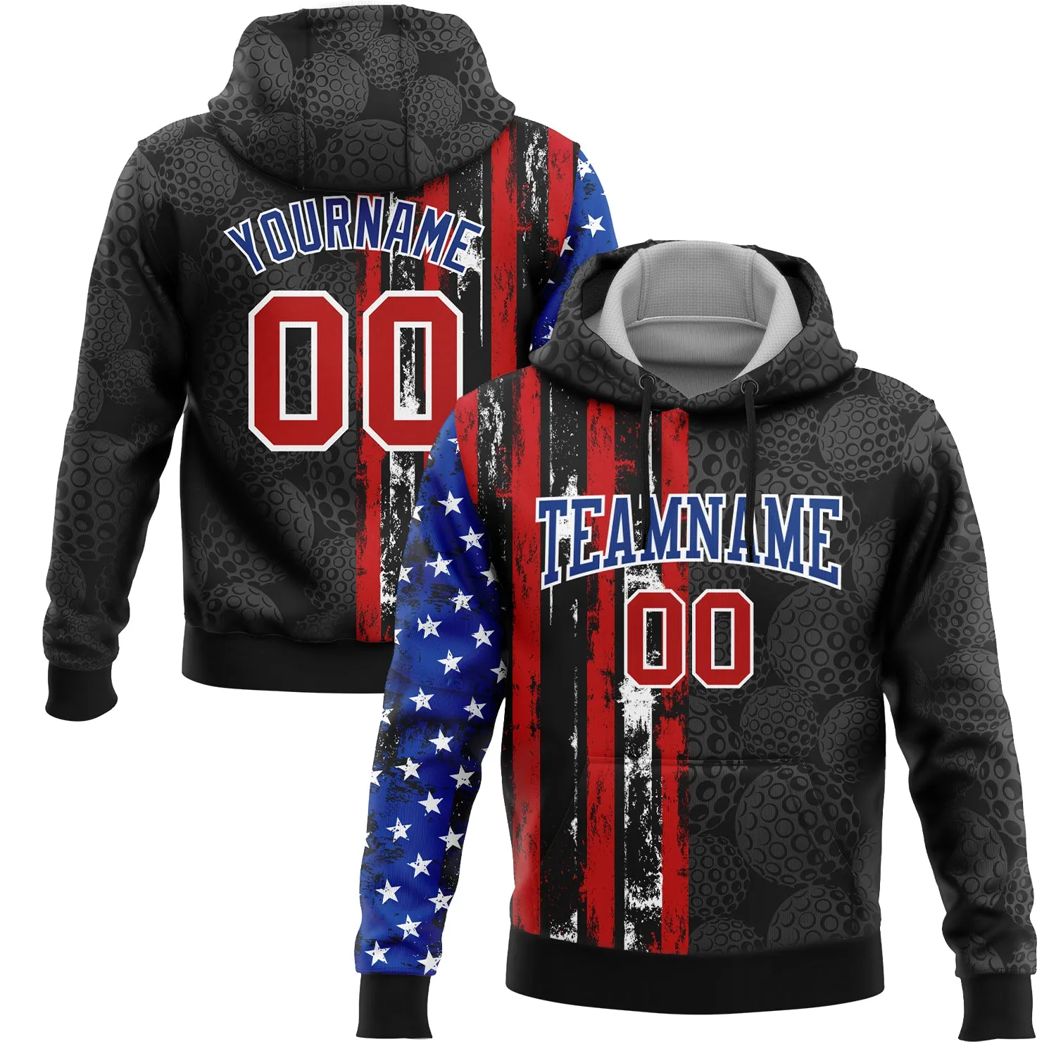 Custom Stitched Black Red-Royal 3D Golf Ball American Flag Sports Pullover Sweatshirt Hoodie