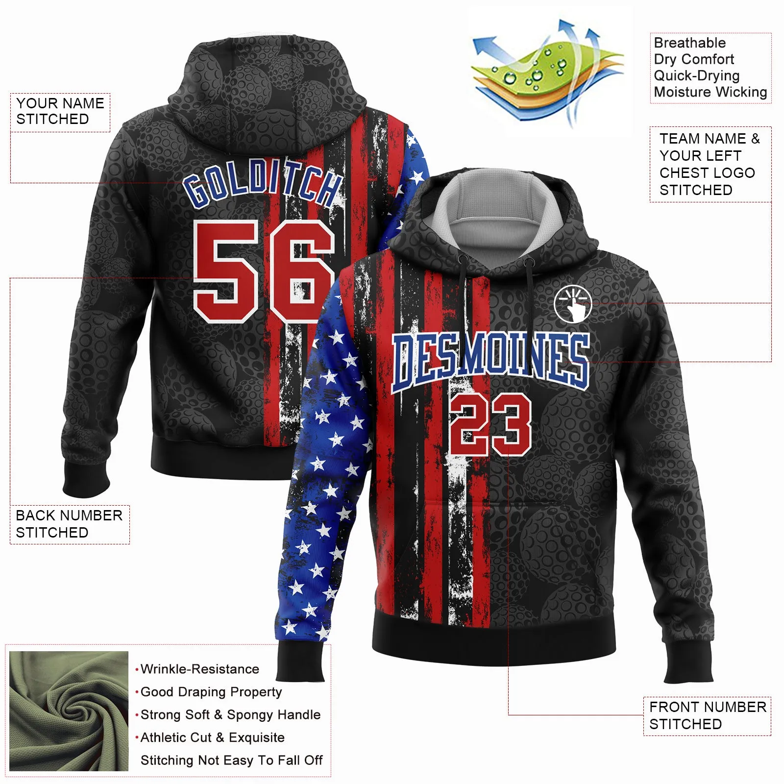 Custom Stitched Black Red-Royal 3D Golf Ball American Flag Sports Pullover Sweatshirt Hoodie