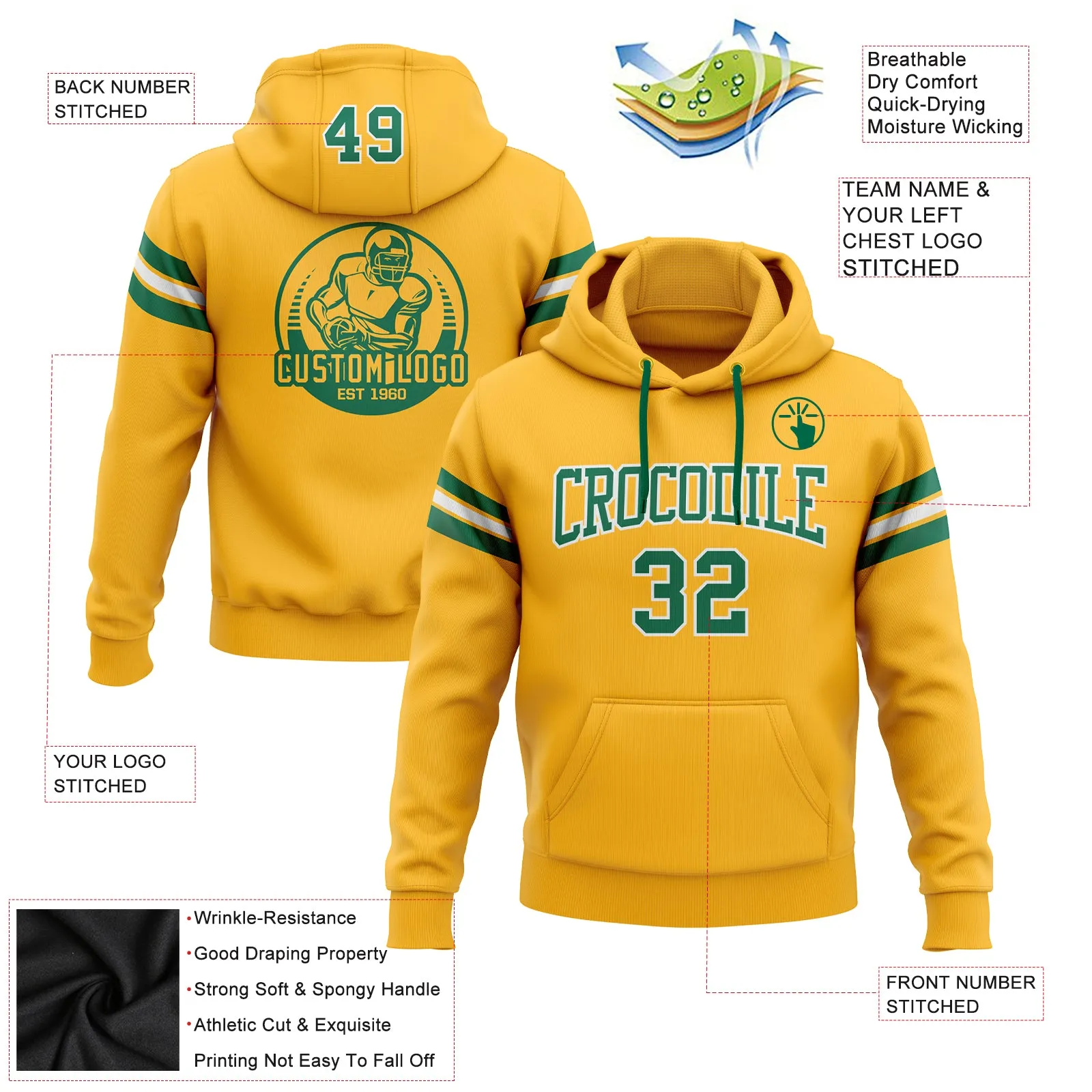 Custom Stitched Gold Kelly Green-White Football Pullover Sweatshirt Hoodie