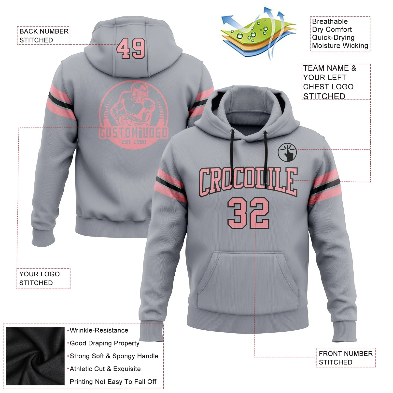 Custom Stitched Gray Medium Pink-Black Football Pullover Sweatshirt Hoodie