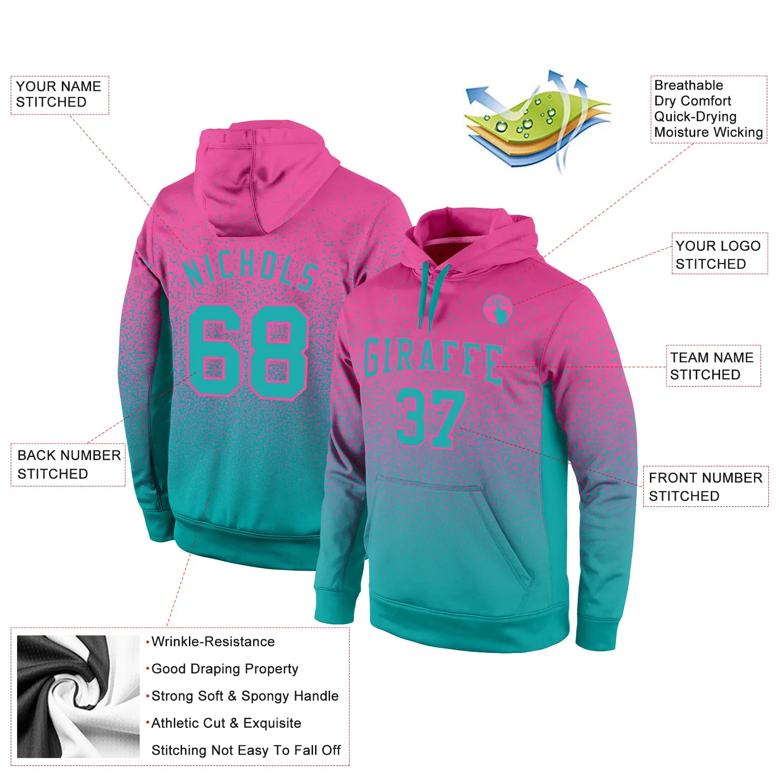 Custom Stitched Pink Aqua Fade Fashion Sports Pullover Sweatshirt Hoodie