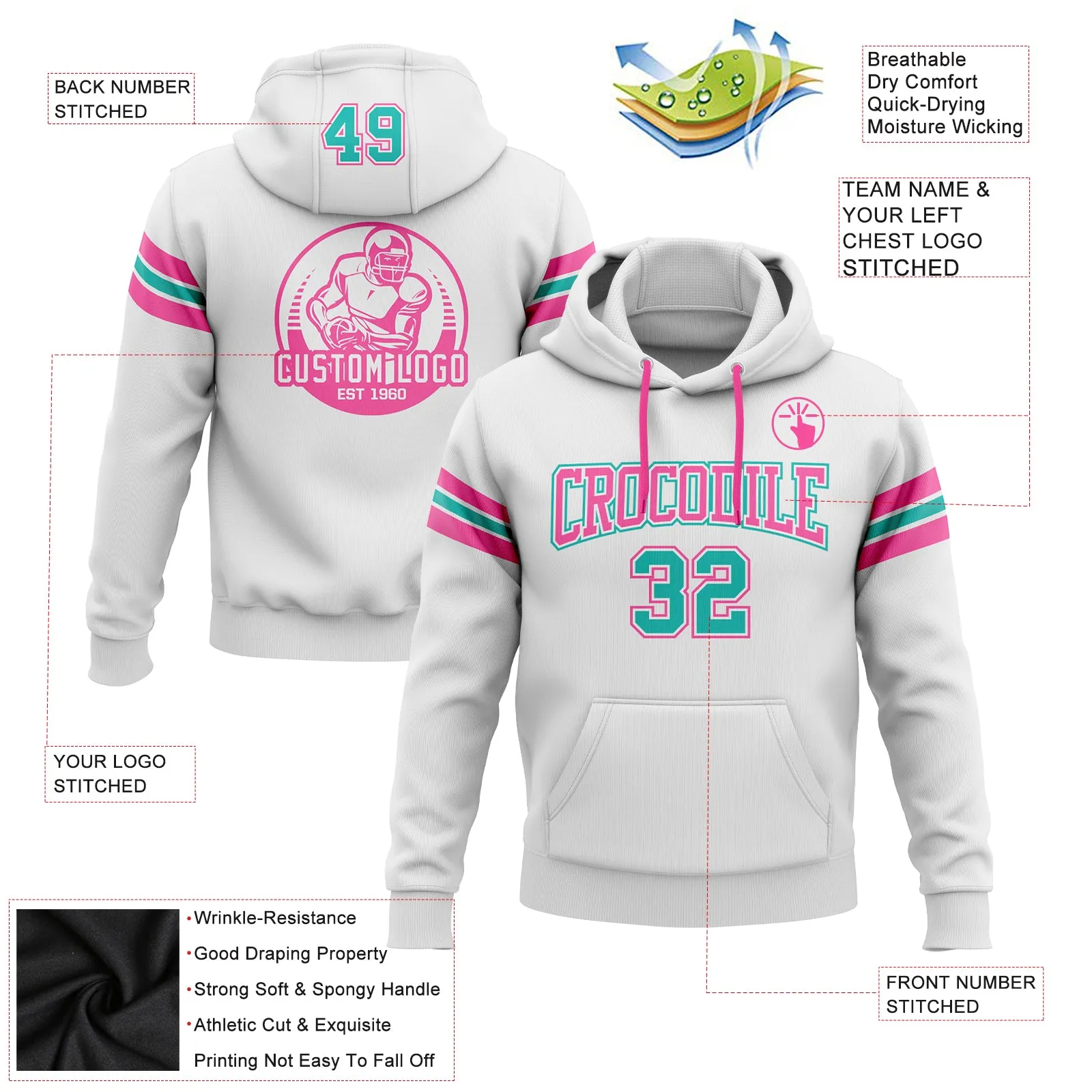 Custom Stitched White Aqua-Pink Football Pullover Sweatshirt Hoodie