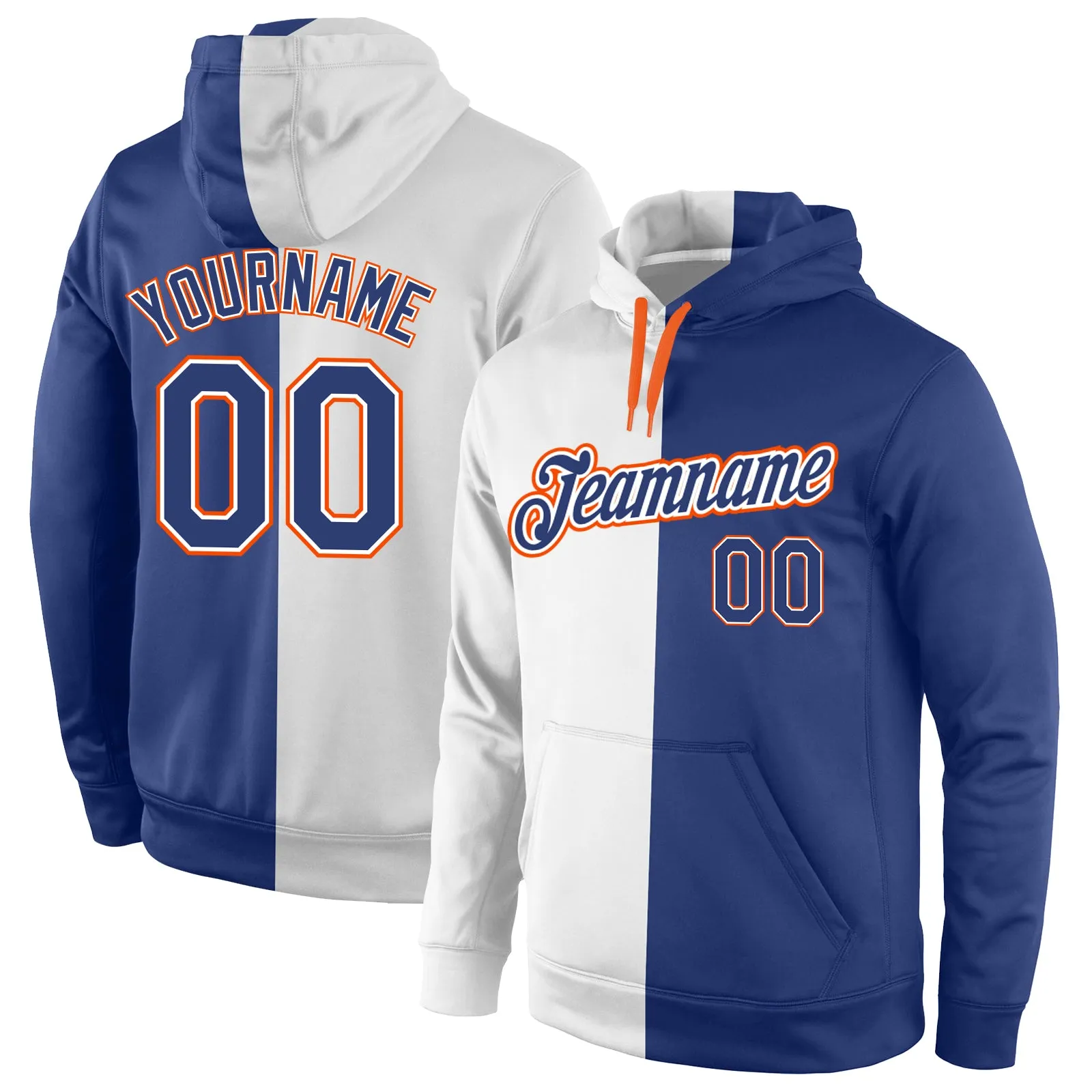 Custom Stitched White Royal-Orange Split Fashion Sports Pullover Sweatshirt Hoodie