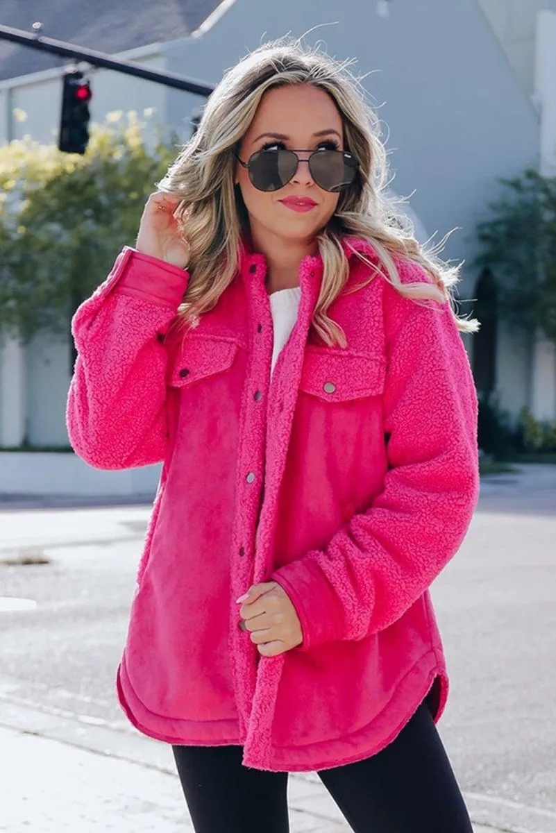 Dark Pink Faux Suede Sherpa Shacket