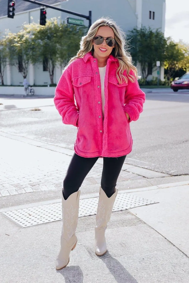 Dark Pink Faux Suede Sherpa Shacket