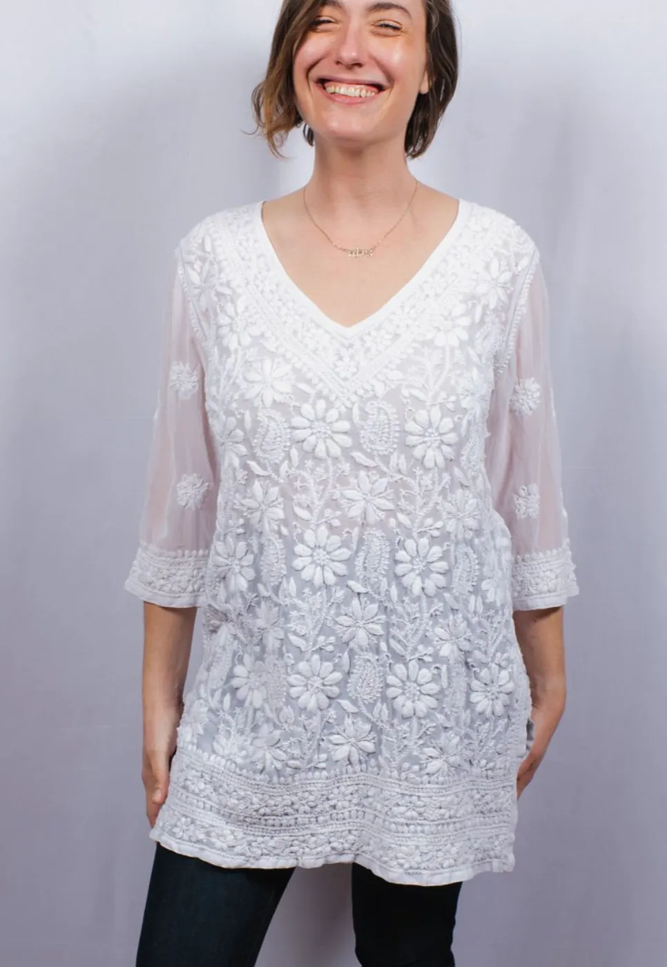 Dolma Embroidered Kurta Top White