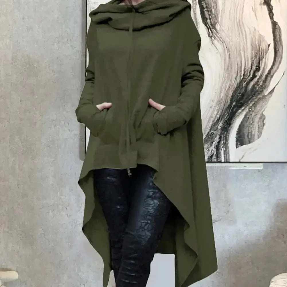 Elegant Long Hoodie for Women - Solid Color Casual Sweatshirt