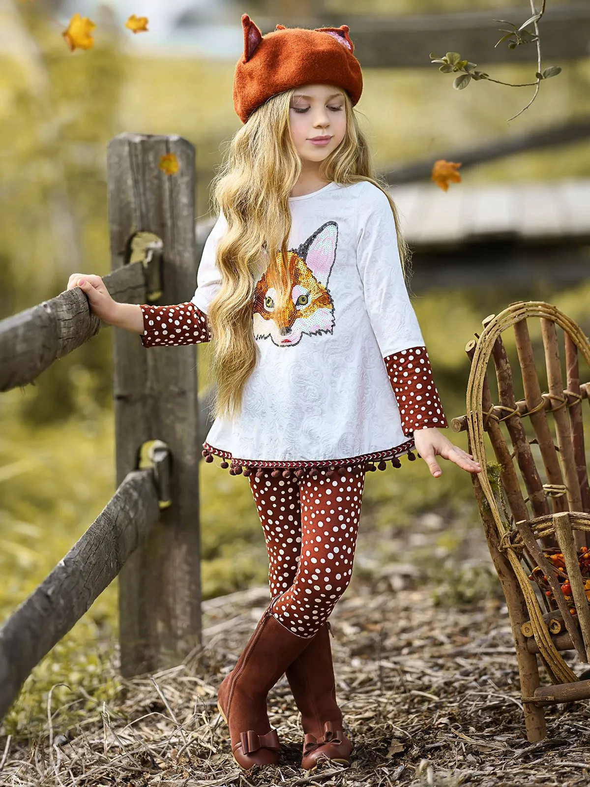 Girls Cuffed Long Sleeve Applique Swing Tunic And Legging Set