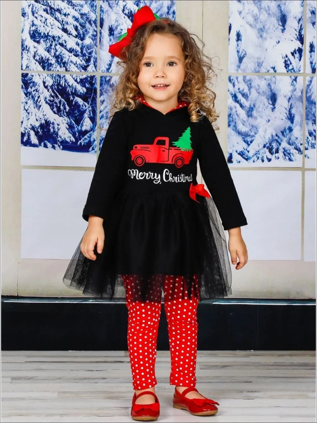 Girls "Merry Christmas" Truck Peplum Tutu Hoodie and Polka Dot Legging Set