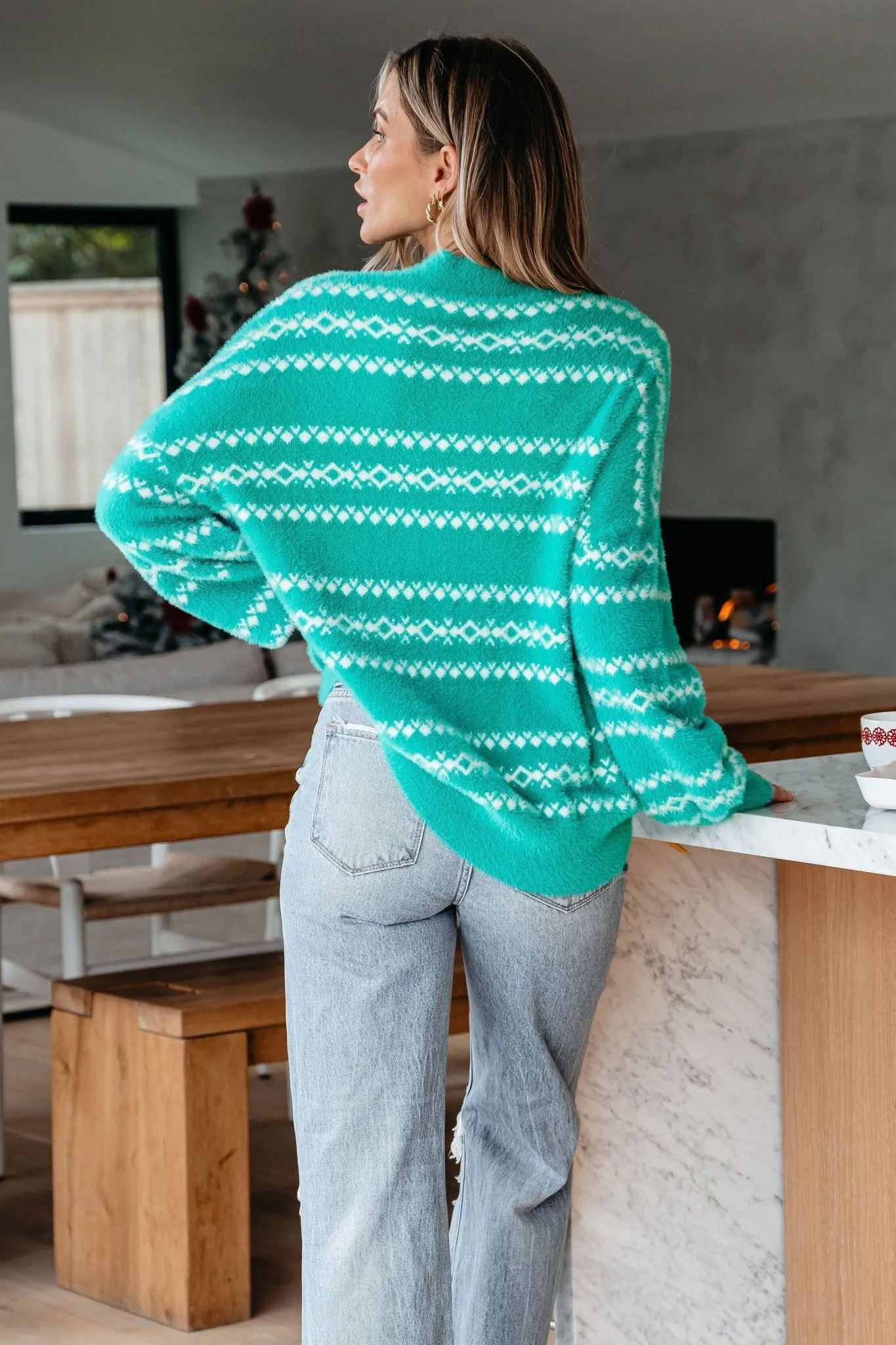 Green Fuzzy Soft Print Sweater