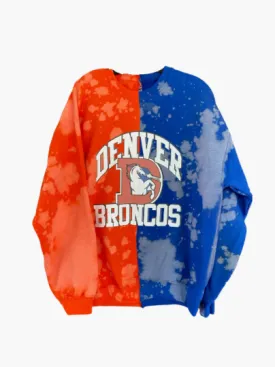 Handmade Denver Broncos Orange Royal Blue Hand-Bleached Half and Half Sweatshirt