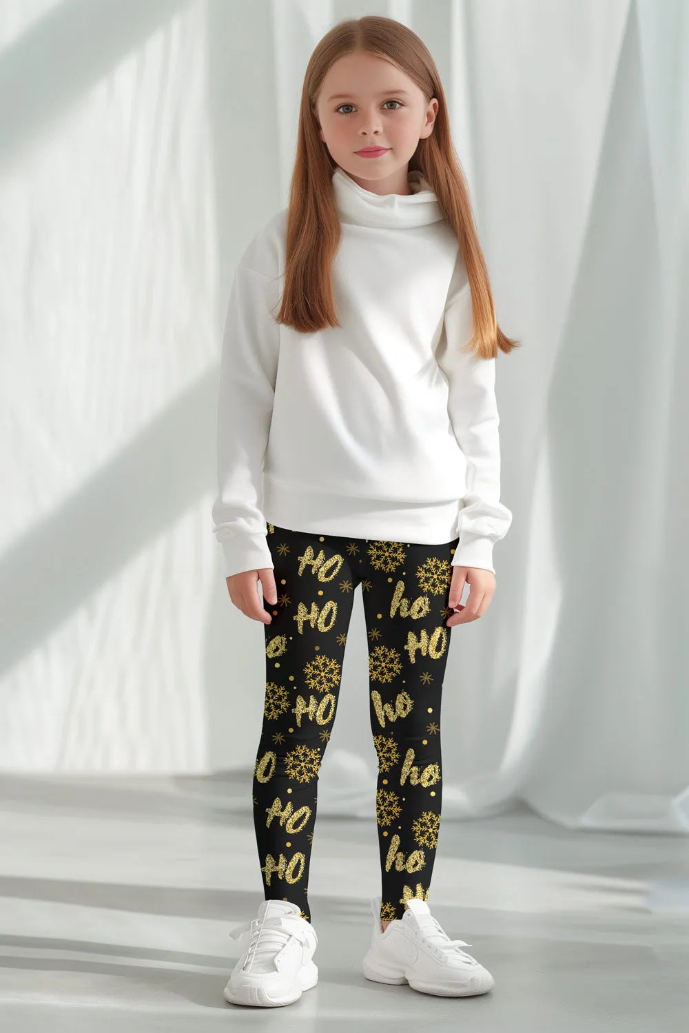 Hohoho Gold Lucy Black Glittering Cute Winter Print Leggings - Girls