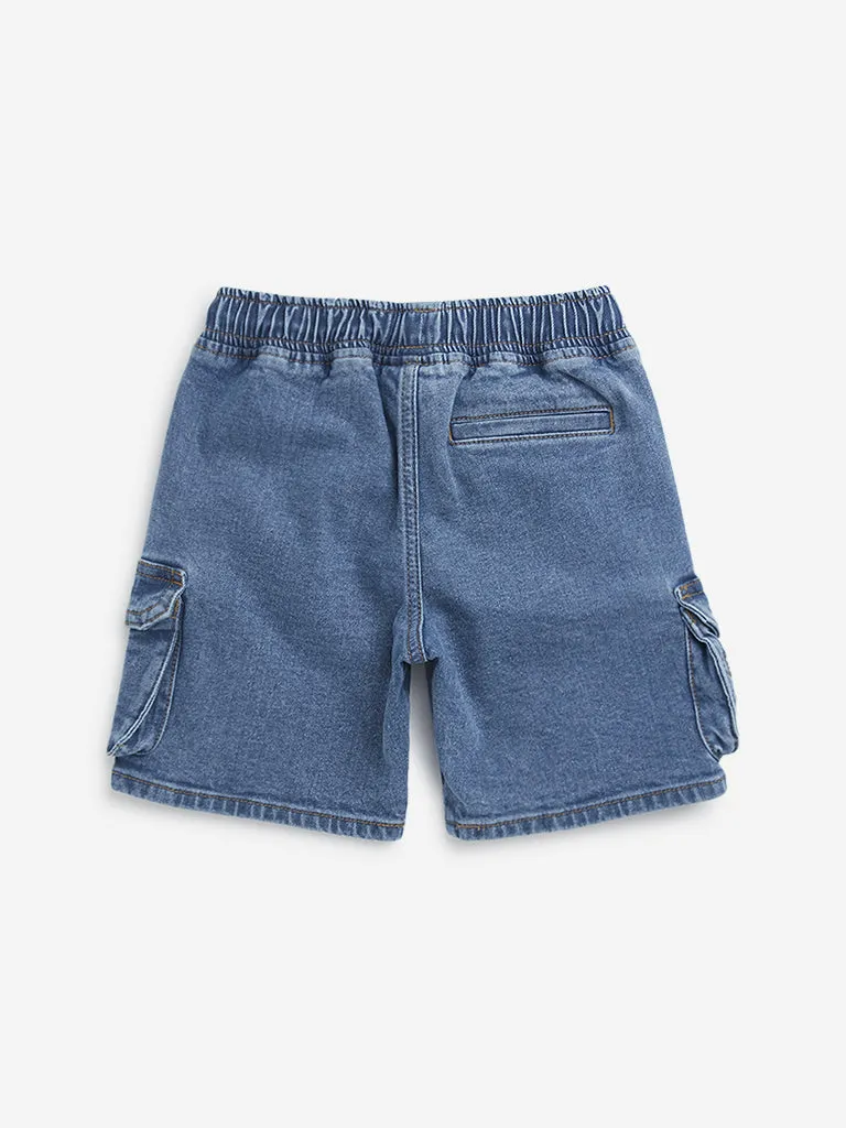 HOP Kids Blue Cargo-Style High-Rise Denim Shorts