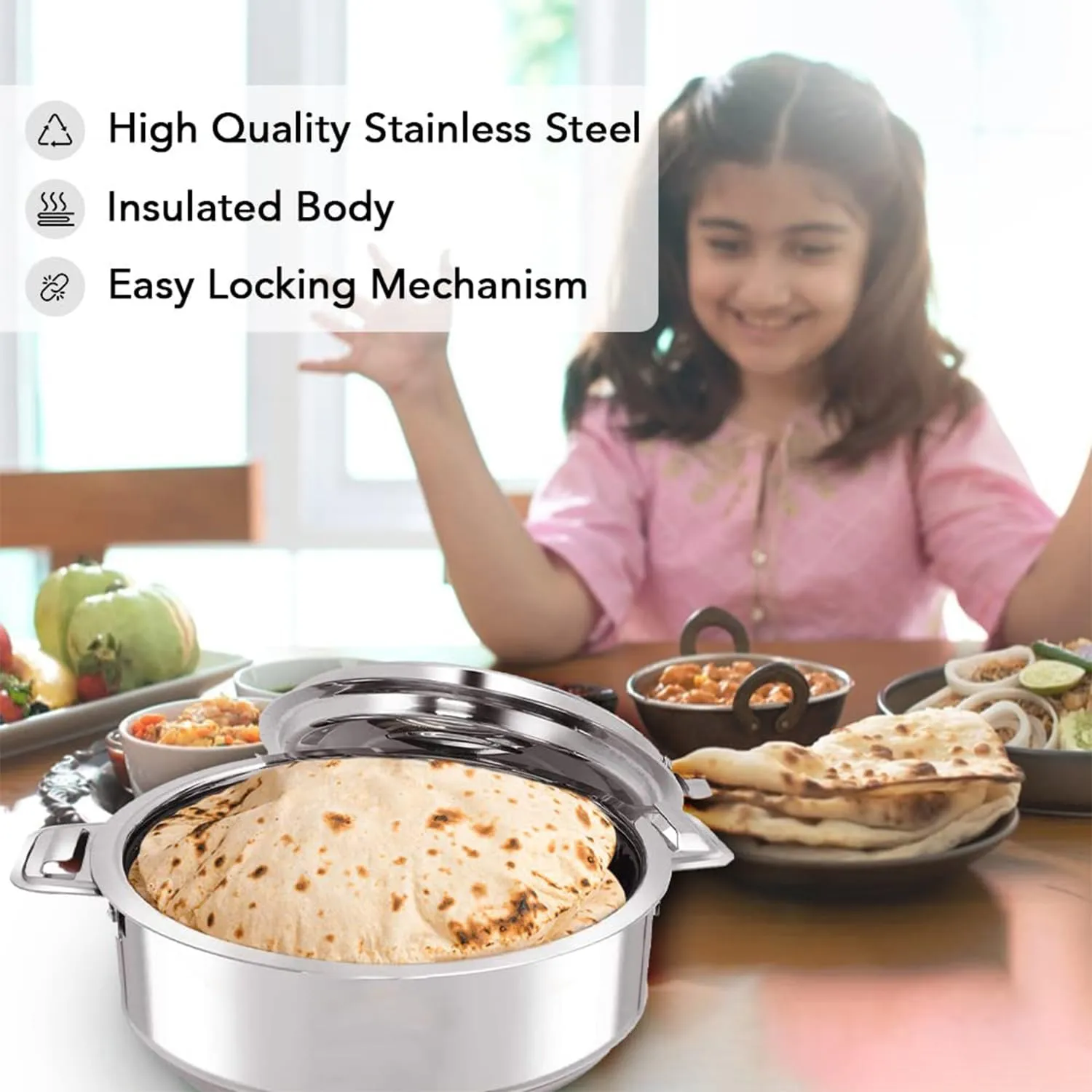 Kuber Industries Stainless Steel Casserole/Chapati Box|2000 ML Chapati Box with Easy Lock Mechanism|Garam Puri & Roti Hot Box|Double Walled Heat Retention for upto 8 hrs|Heavy Duty Gauge (Pack Of 3)