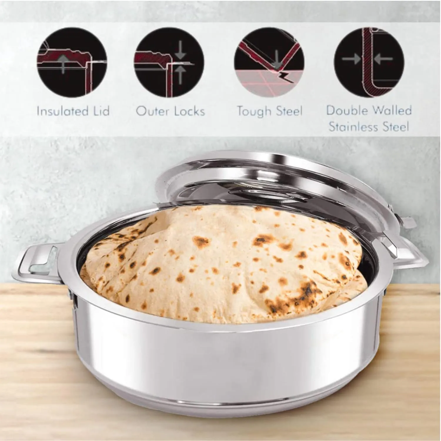 Kuber Industries Stainless Steel Casserole/Chapati Box|2000 ML Chapati Box with Easy Lock Mechanism|Garam Puri & Roti Hot Box|Double Walled Heat Retention for upto 8 hrs|Heavy Duty Gauge (Pack Of 3)