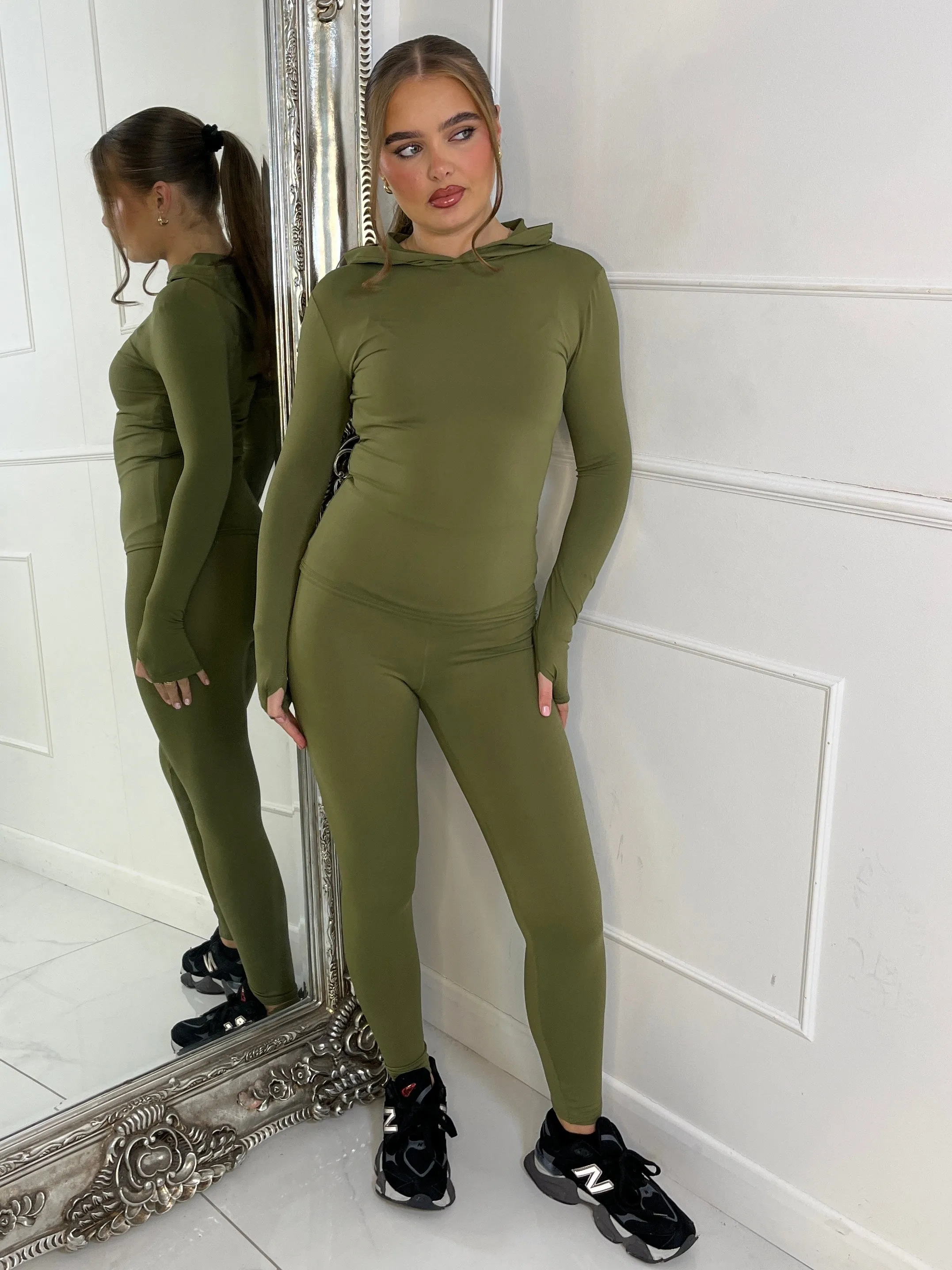 Long Sleeve Second Skin Hooded Top and Leggings Co-Ord - Khaki