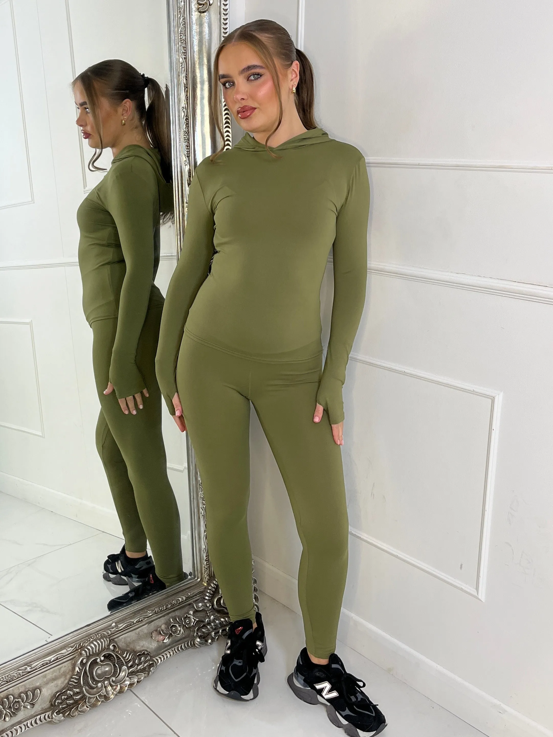 Long Sleeve Second Skin Hooded Top and Leggings Co-Ord - Khaki