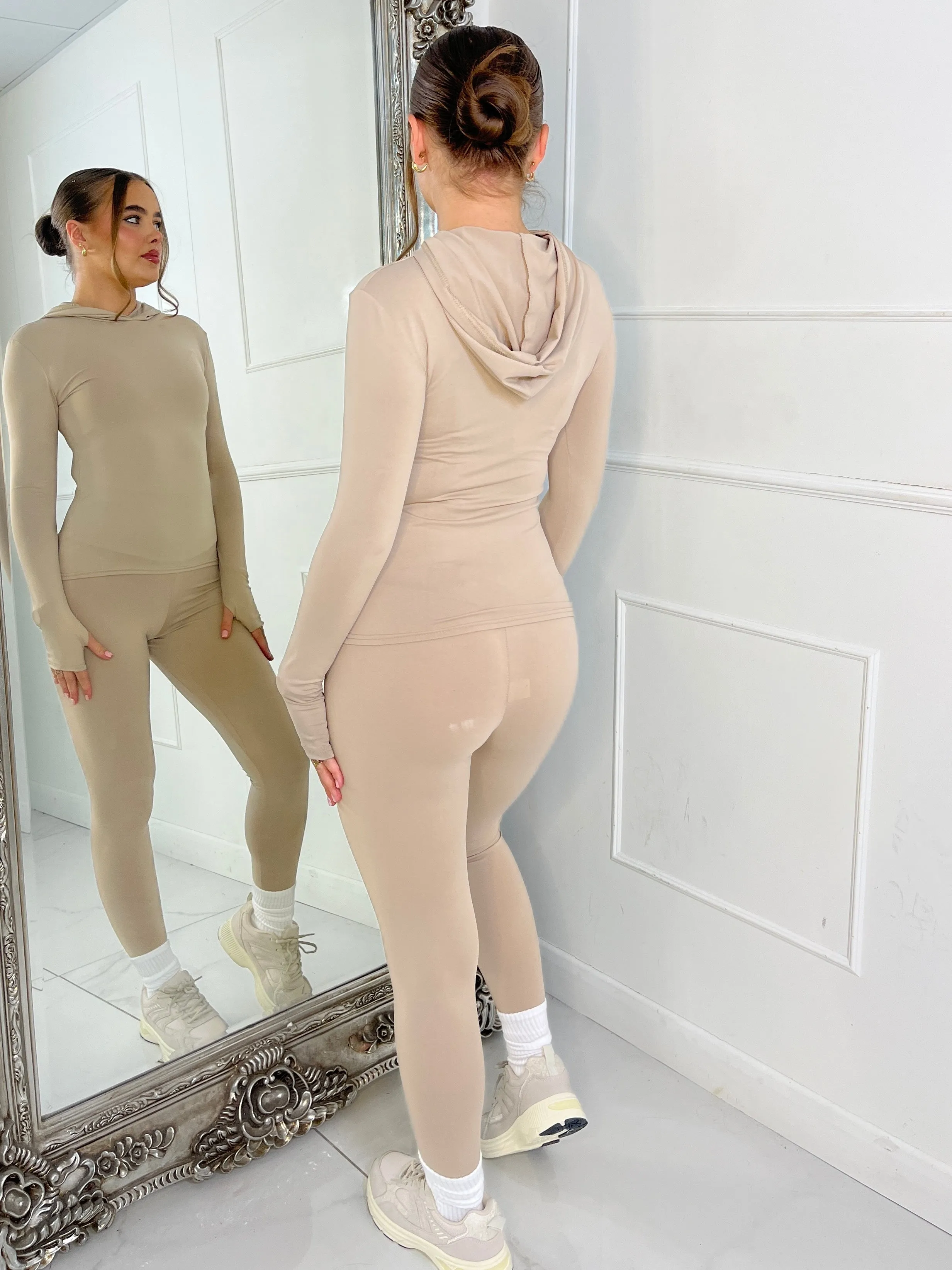 Long Sleeve Second Skin Hooded Top and Leggings Co-Ord - Mocha