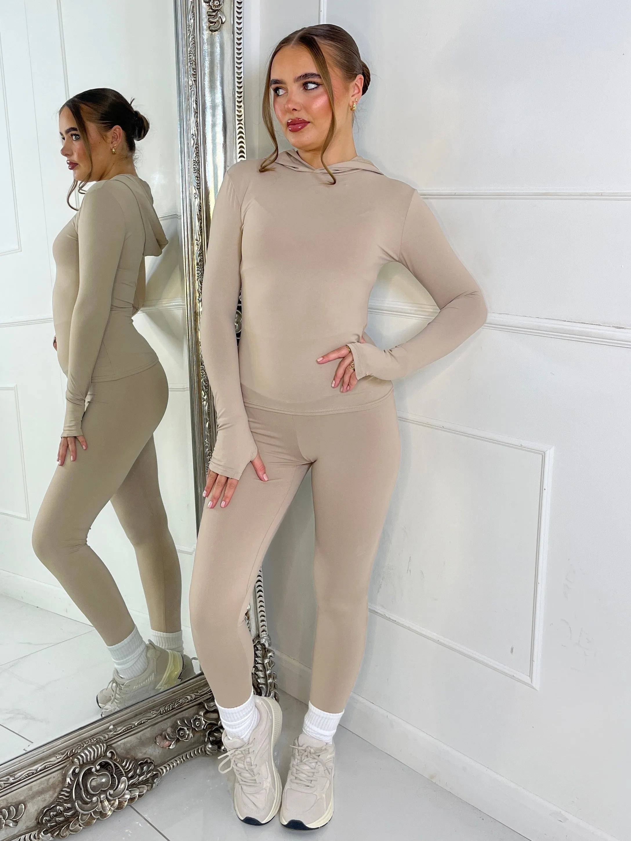 Long Sleeve Second Skin Hooded Top and Leggings Co-Ord - Mocha