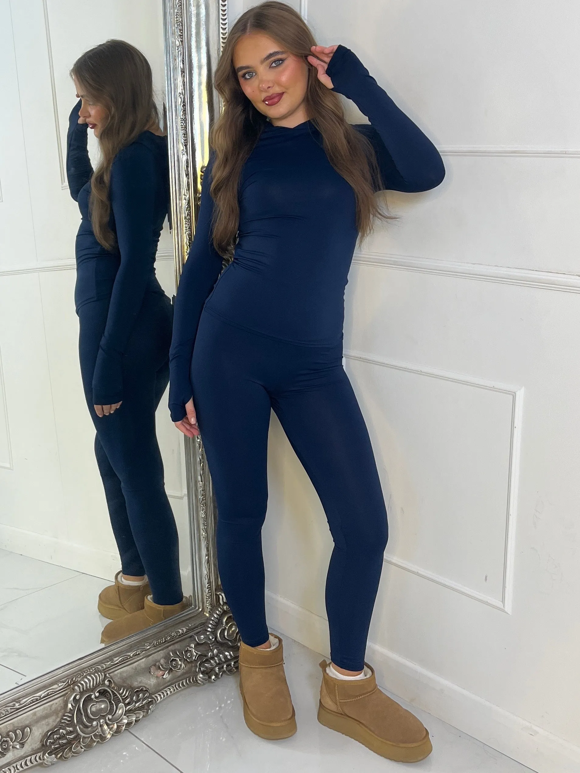 Long Sleeve Second Skin Hooded Top and Leggings Co-Ord - Navy