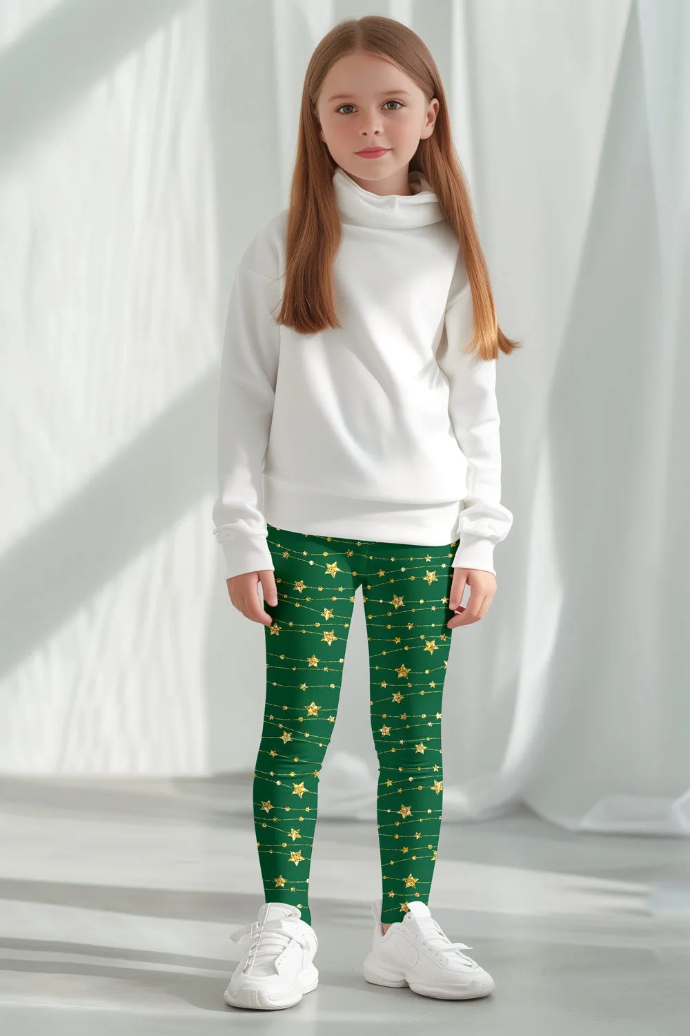 Luxe-Berry Green Lucy Star Printed Christmas Holiday Leggings - Girls