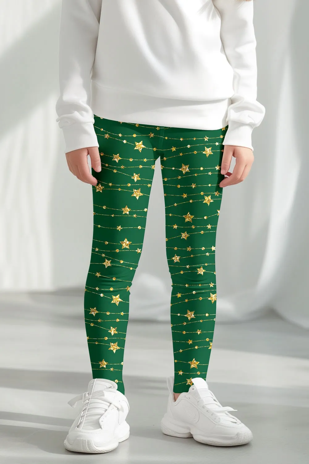 Luxe-Berry Green Lucy Star Printed Christmas Holiday Leggings - Girls