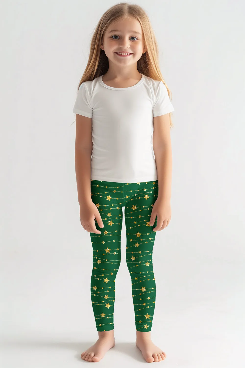 Luxe-Berry Green Lucy Star Printed Christmas Holiday Leggings - Girls