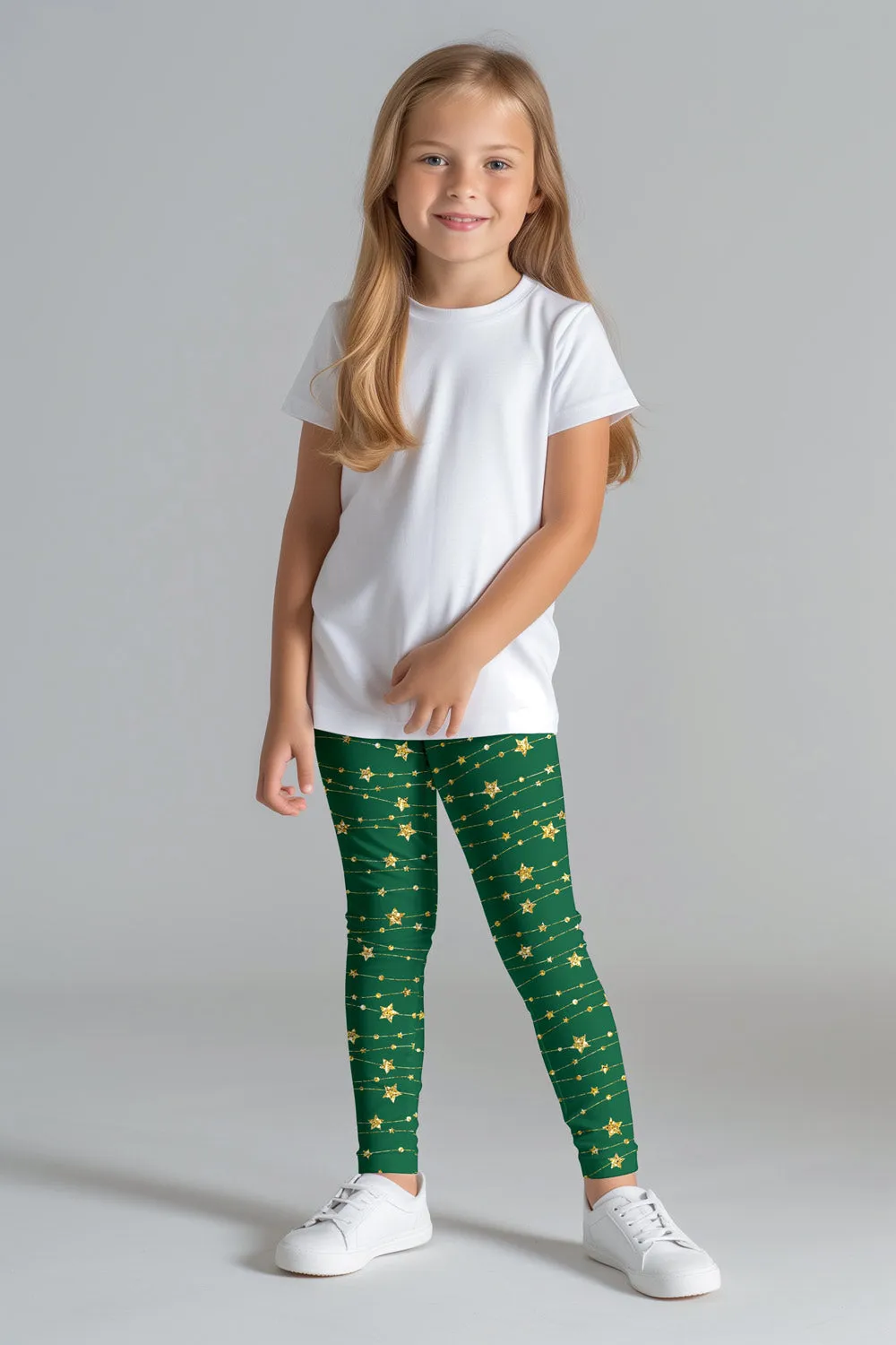 Luxe-Berry Green Lucy Star Printed Christmas Holiday Leggings - Girls