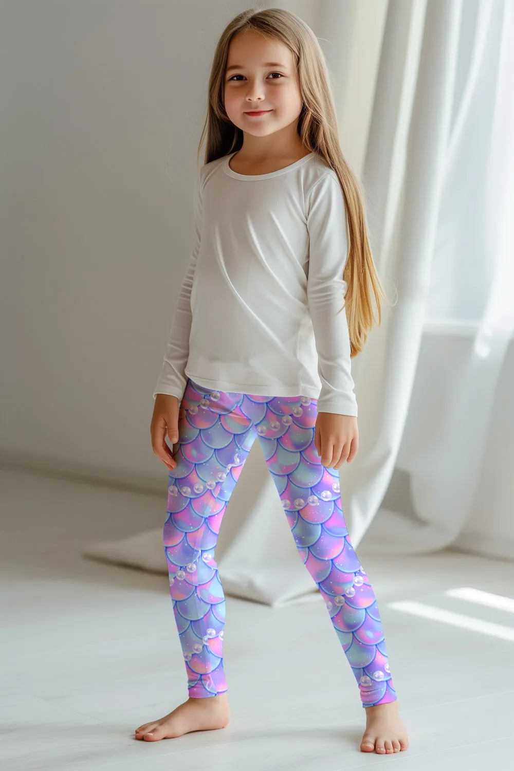 Making Waves Lucy Purple Mermaid Print Cute Leggings - Kids