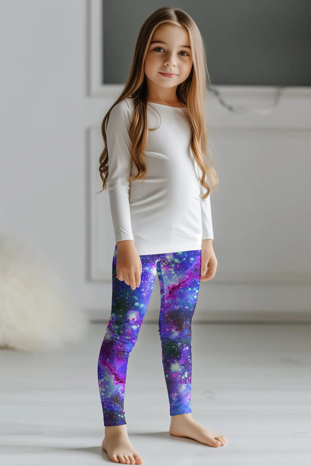 Milky-Way Lucy Purple Galaxy Print Cute Stretchy Leggings - Kids