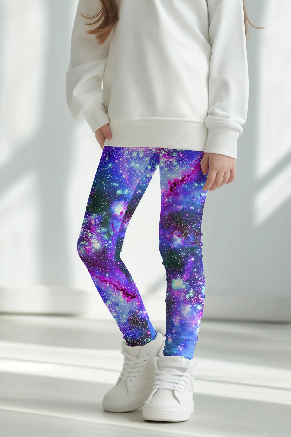 Milky-Way Lucy Purple Galaxy Print Cute Stretchy Leggings - Kids