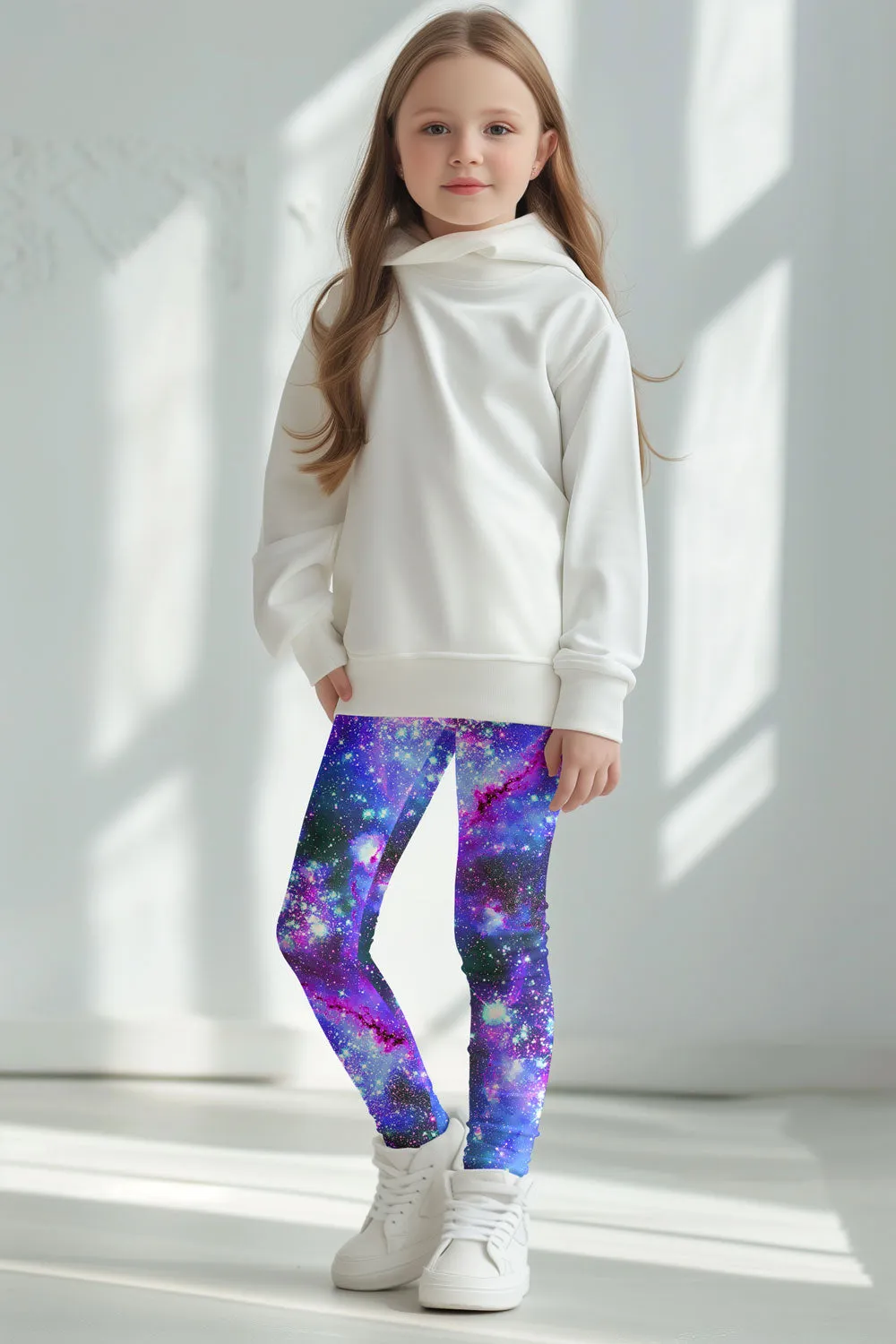 Milky-Way Lucy Purple Galaxy Print Cute Stretchy Leggings - Kids