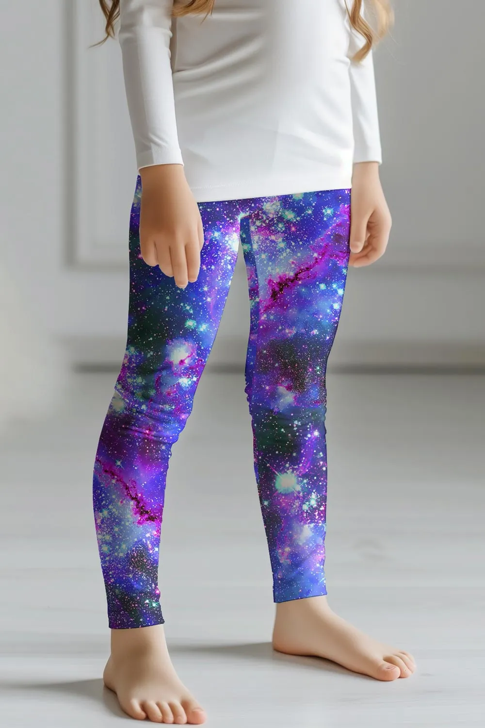 Milky-Way Lucy Purple Galaxy Print Cute Stretchy Leggings - Kids