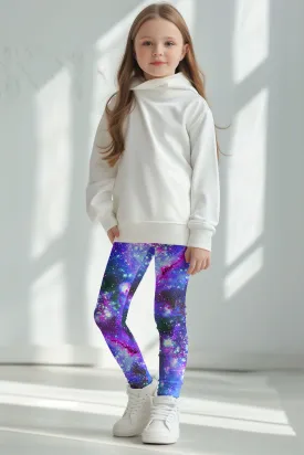 Milky-Way Lucy Purple Galaxy Print Cute Stretchy Leggings - Kids